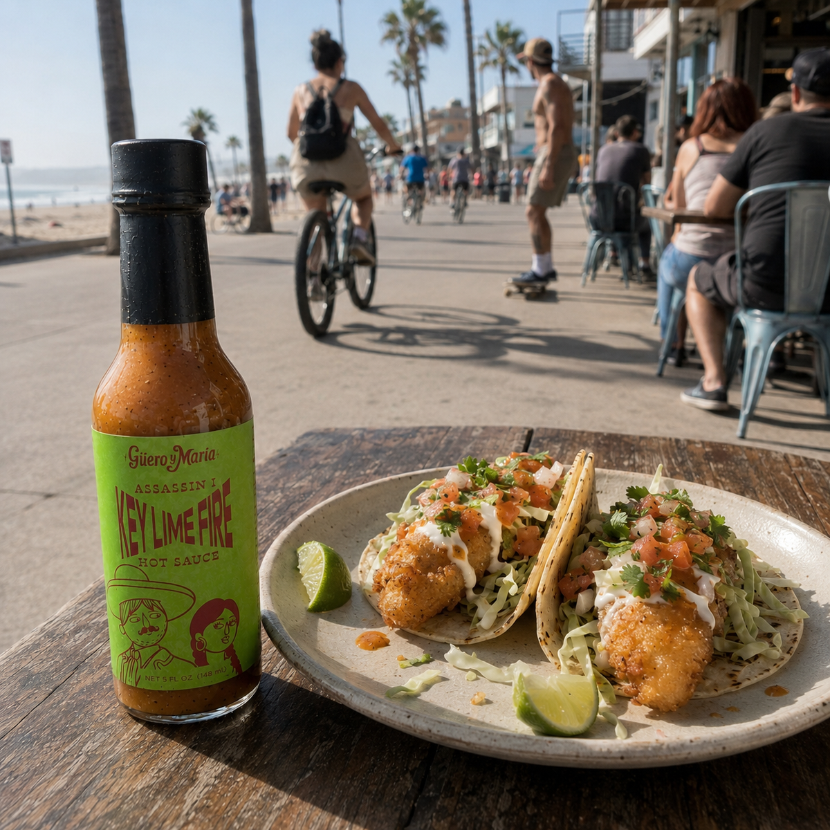 A bottle of Sierra Marie Key Lime Fire Hot Sauce stands on a wooden table next to a plate of two tacos topped with lime, cabbage, salsa, and onions, with a beach boardwalk and people in the background.