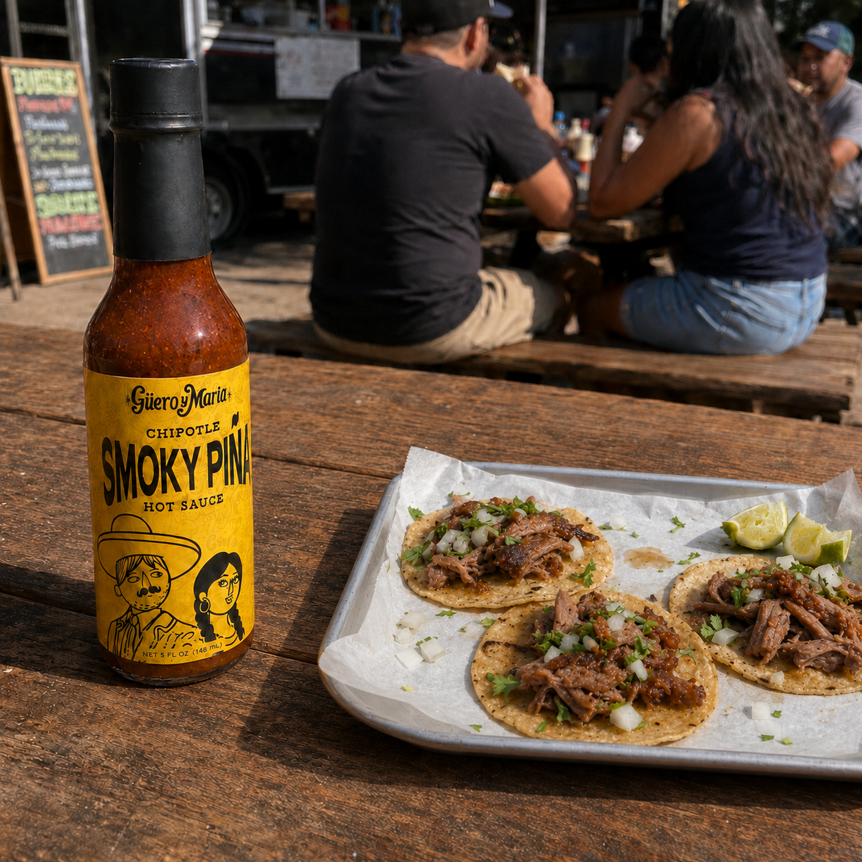 A bottle of Guero y Maria's  Smoky Piña hot sauce stands on a wooden table next to a tray of three tacos with lime wedges, with a blurred outdoor dining scene in the background.
