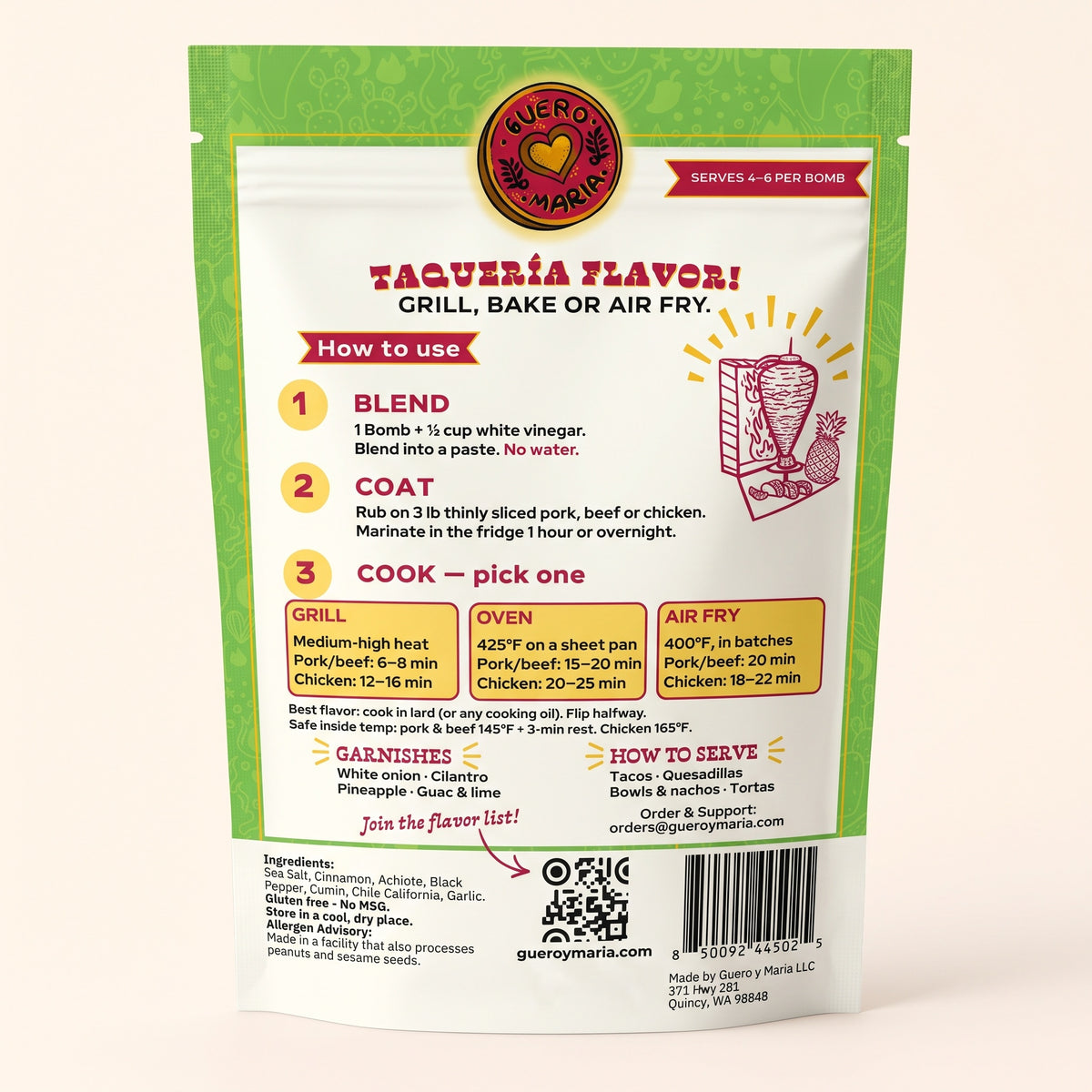Güero y María Al Pastor Bomb Kit back of pouch: blend with vinegar, coat 3 lb meat, then grill, bake or air fry