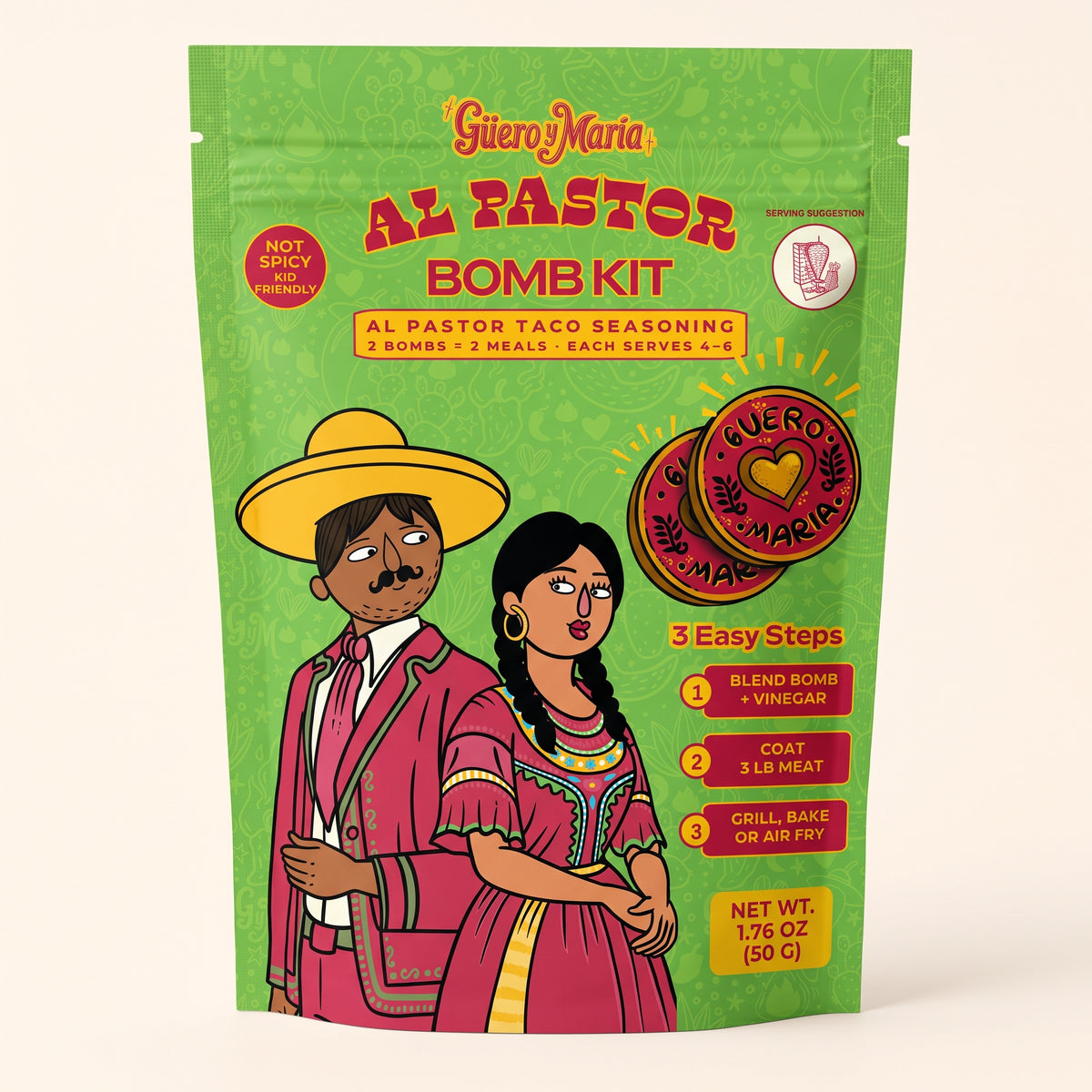 Güero y María Al Pastor Bomb Kit, al pastor taco seasoning, front of pouch