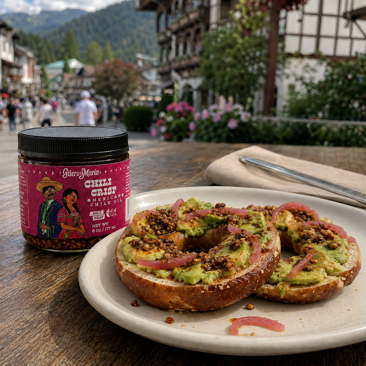 Güero y María Chili Crisp with an avocado bagel and pickled red onions in Leavenworth, Washington
