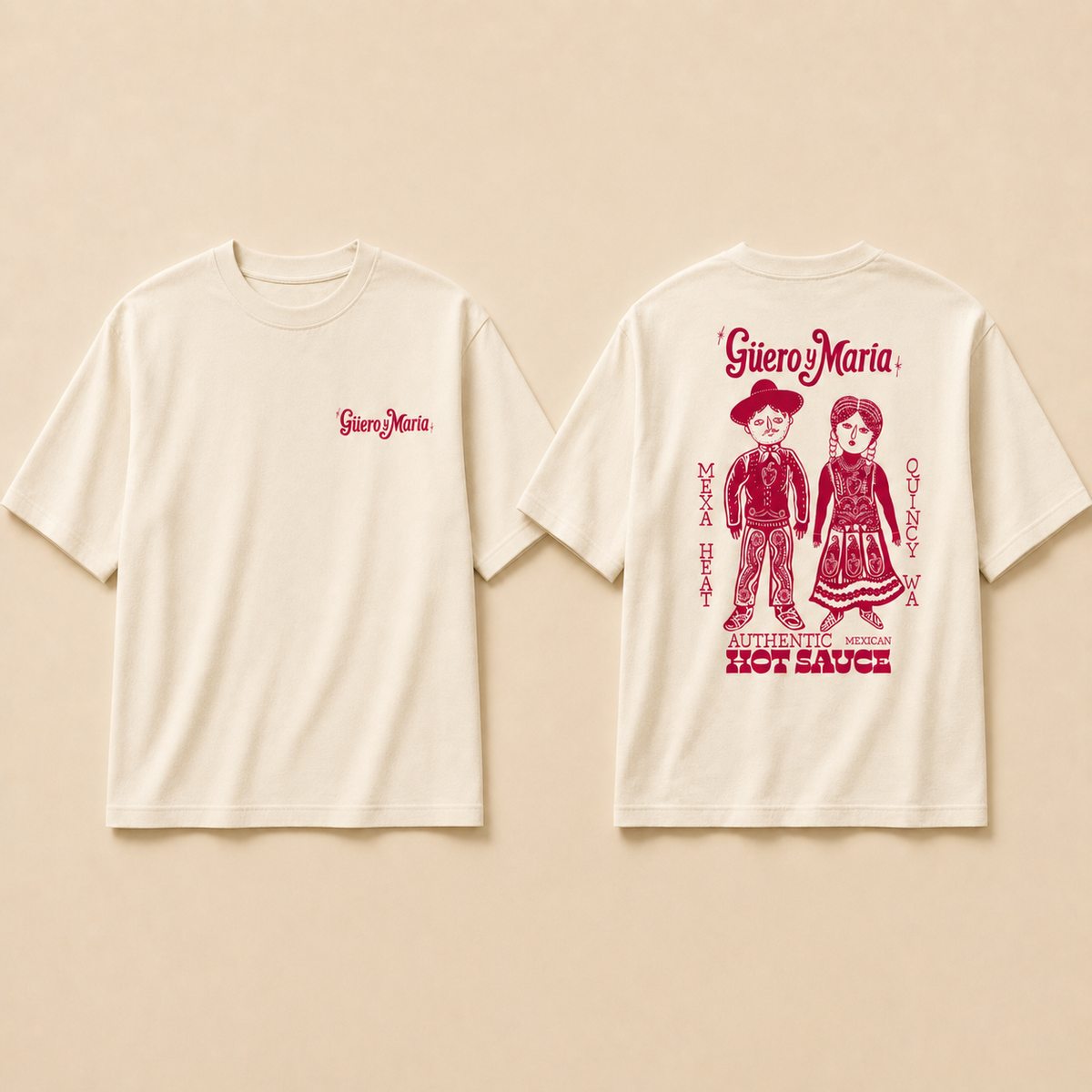 An off-white short-sleeve t-shirt shown from both the front and back against a matching warm beige background. The front features a small red logo for Guero y Maria.